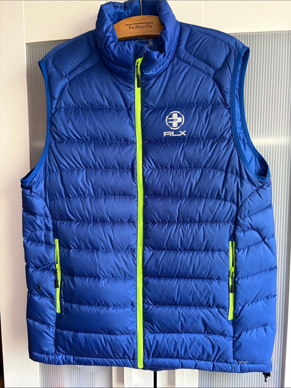 RLX Ralph Lauren Packable Blue Puffer Vest with Neon Yellow Zipper size XLTALL..